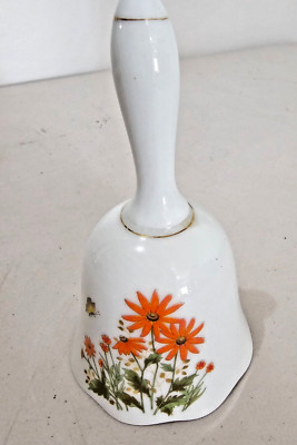 Vintage Japan MCM Mod Retro Dinner Bell Orange Flowers Ceramic Porcelain -image