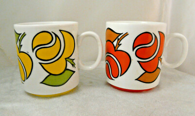 PAIR OF 70-80'S RETRO MID-CENTURY MOD BOLD R6922 BRIGHT ORANGE/YELLOW MUGS/CUPS-image