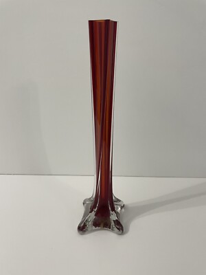 Vintage Mid Century Modern Soliflore Orange Red Amber Glass Bud Vase 10” H-image