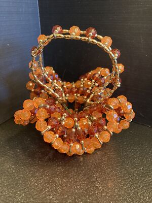B4) Vintage Mid Century Safety Pin Art Basket Tramp Art  Orange & Amber Beads-image