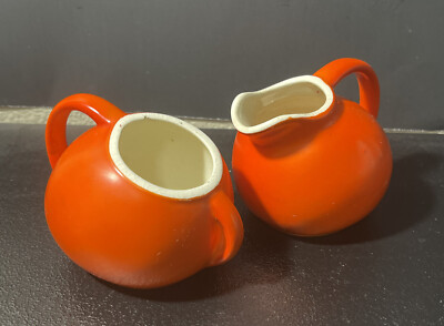 Sugar and Creamer, Cameron Pottery, Orange and white, round tilted, Mid Century-image