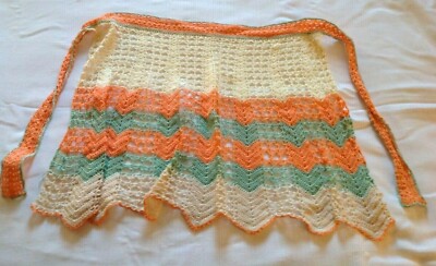Vintage Mid Century Handmade Crochet Salmon Sage Cream Ivory Half Apron-image