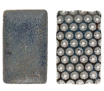 NEW Creative Coop Stoneware Platters Trays Blue Patterned 8” Rectangular Wavy-image