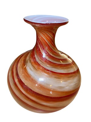 Mid century Murano Spiral orange atomic art glass gold Flakes￼ Encased Vase￼-image