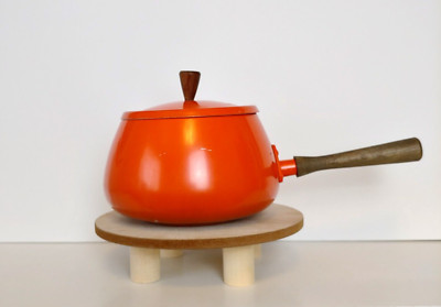Vintage Fondue Pot Orange Mid Century Wooden Handle MCM Decoration China-image