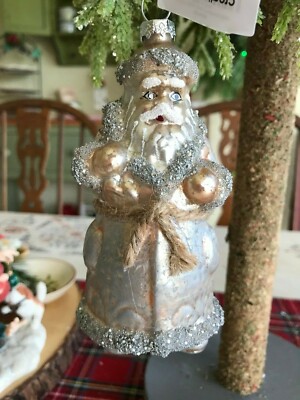 Creative Co-Op Old World Mercury Glass & Glitter Santa Ornament NWT-image