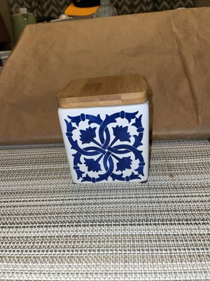 CREATIVE CO-OP Stoneware Container Canister Blue Floral Geometric Pattern Bamboo-image