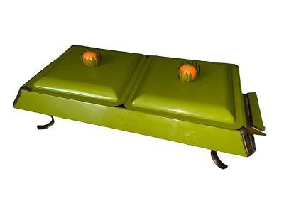 Vtg Mid-Century Lidded Double Chafing Green Geometric Orange Flower Top Handles-image