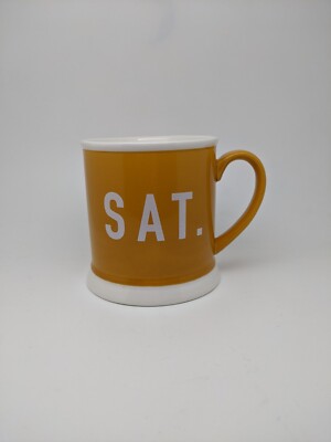 Creative Co-op Large Yellow Sat. Saturday Coffee Mug Wide Bottom.-image