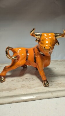 Vintage Mid Century Modern 50's Orange Gold Charging Bull Ceramic Crazing -image