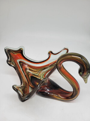 LARGE Brown Orange Mid Century Modern Murano Style GLASS SWAN - Vintage 1970's-image