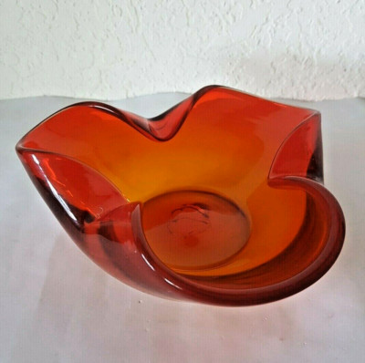 Mid Century Modern Murano ORANGE RED ART GLASS ASHTRAY BOWL pontil mark-image