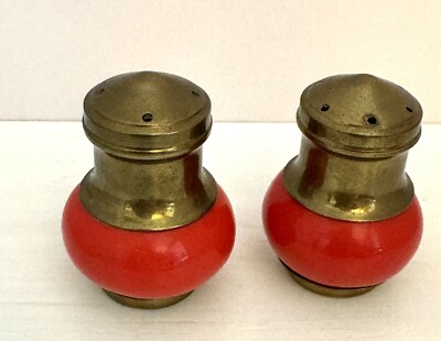Vintage Estate Mid Century Brass and Red Orange Salt & Pepper Shakers-image