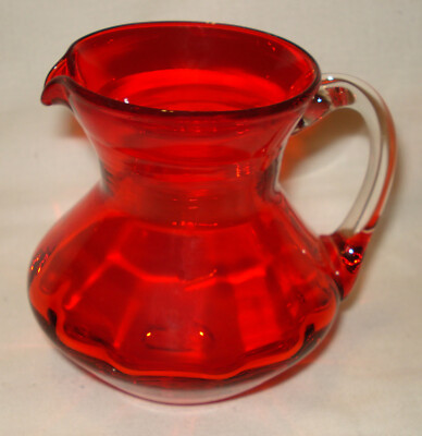 Vntg Mid Century Hand Blown Red Orange Applied Handled Ribbed Pitcher Jug MCM-image