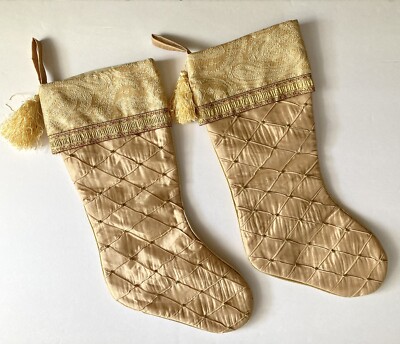 2 Gold Creative Co-op Christmas Stocking Pleated ~Beads Paisley Floral Trim 20”-image