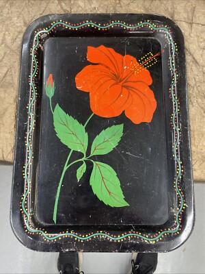 Vtg Mid-Century Metal Tole Painted Orange Trumpet Vine Flower Black Serving Tray-image