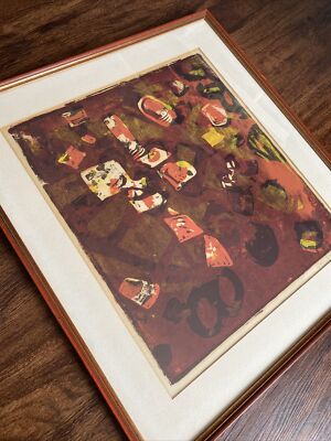 SIGNED Mid-Century Modern Rustic Tones Abstract Painting Original Red Orange HTF-image