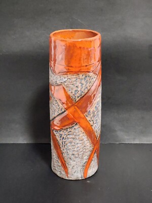 Mid Century 1967 Glossy Glazed Orange & Sand Fat Lava Cylinder Vase - Signed-image