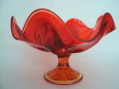 Viking Compote Pedestal Bowl Art Glass Bowl Orange or Oxblood 6 Petal Vintage-image