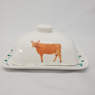 Creative Co-Op Covered Butter Dish Cow Green Leaves Cottage 7.25