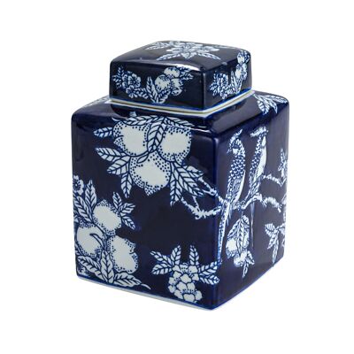 Creative Co-Op, Blue Square Ceramic Ginger Jar with Lid, White, Medium-image