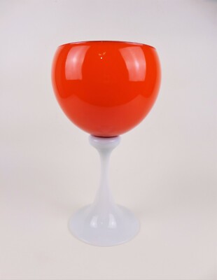 Vintage Mid Century Large Orange Art Glass Footed Compote White Stem 1960 1970 -image