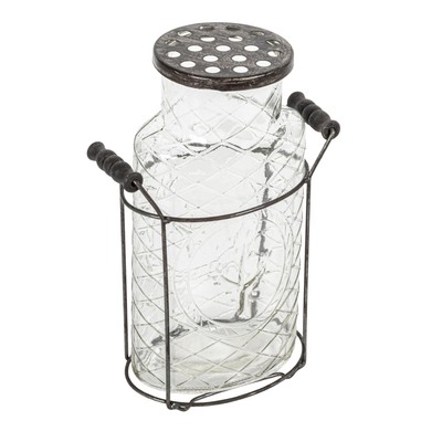 Creative Co-Op Glass vase in Metal Stand with Metal Frog Lid-image