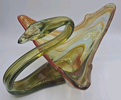 Mid Century Modern Hand Blown Orange Green Brown Glass Swan Centerpiece Dish-image