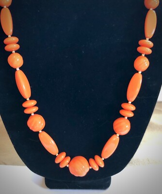 Orange Carved Lucite Beaded Necklace Multi Shapes Mid Cent Mod 28