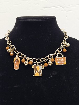 Mid Modern Gold Tone Brown & Orange Enamel Beaded Love Charm Choker Necklace-image