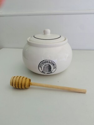 Woodmans Famous Bee Ware White Ceramic W/ Lid Honey Pot W/  Dipper Creative Coop-image