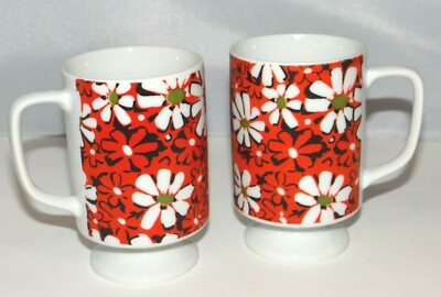 NASCO Mid Century Footed Pedestal Flowers Stacking Mug Cup JAPAN Orange Set of 2-image