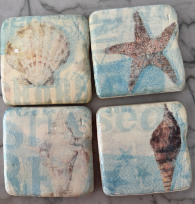 Set of 4 Phoenix Creative Co Tumbled Ceramic Tile Decoupage Coasters Beach Sea-image