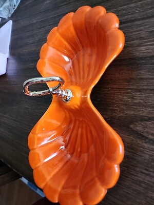 Mid-Century California Pottery Orange Shell Shaped Candy/Nut Bowl w/Metal Handle-image