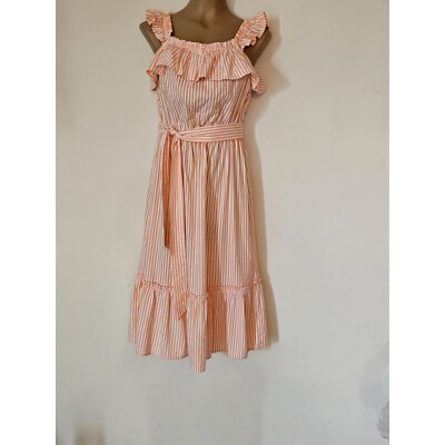 Michael Kors orange & white striped Summer Dress Boho Peasant Ruffle Neck S-image