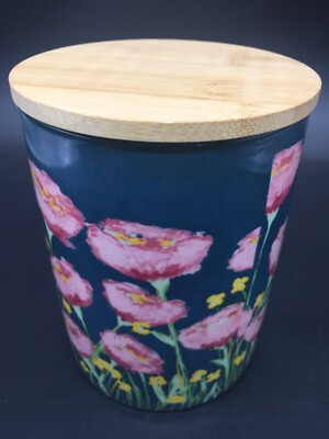 Stoneware 6” canister bamboo lid flower design of Creative Co-op Little e Studio-image