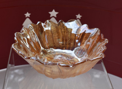 Vintage SUNFLOWER Bowl Marigold Iridescent Carnival Glass MCM House of Glass-image