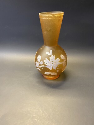 Vintage 1960s Orange Frosted Glass Hand Painted Floral Mid Century Vase-image