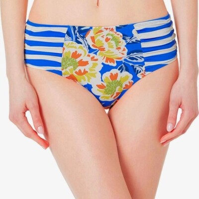 Brand New! Skye Floral Bikini Bottoms Mid Rise Large Blue White Striped Orange-image