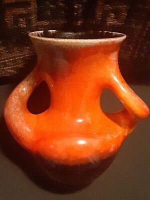 Vintage Mid Century Modern MCM Vase Ceramic Pottery Orange Black Iridescent 9.5