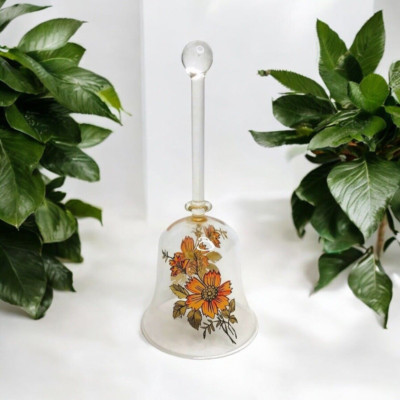 Vintage Clear Glass Bell Orange Flowers MCM Floral Leaves Farmhouse Country-image