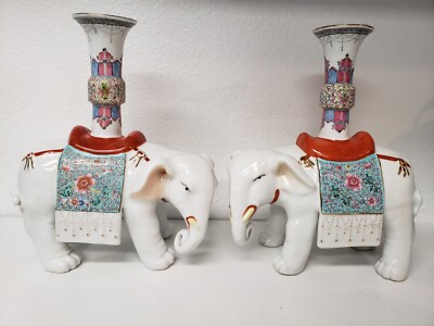 Antique set of hand painted Chinese porcelain elephant joss stick holders-image