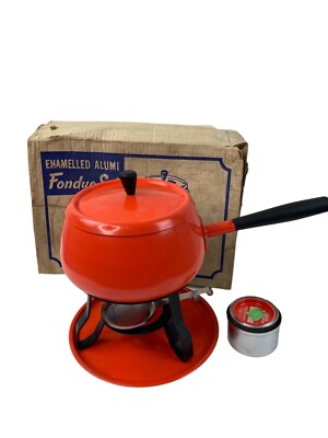 Vintage Enamelled Aluminum Fondue Set Bright Orange Mid Century Cheese Chocolate-image