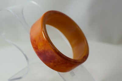 Mid Century Modern Bakelite Bracelet Bangel Burt Orange and Red Swirl 3