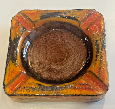 Mid-Century Modern MCM Ceramic Ashtray Orange Textured Lava Glaze 5.5