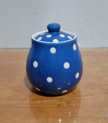 Creative Co-op Stoneware Jam Jar Sugar Jar w/Lid Blue & White-image