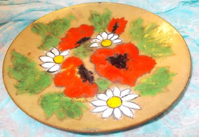Retro 70'S Small Round Mid Century Enamel Dish Branches & Orange Flowers 0011010-image