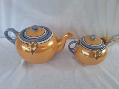Pair Vintage Japan Blue & Orange Lusterware Teapot Set Creamer Mid Century Blue-image