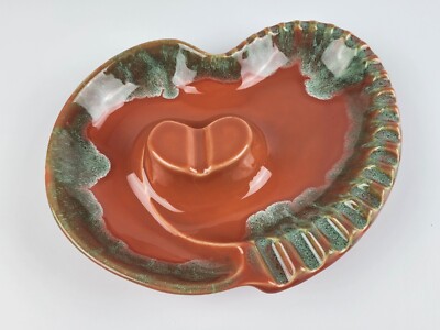 Mid-Century Coral Orange Green Drip Glaze Ceramic Ashtray Atomic Age Kidney-image