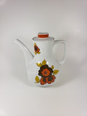 Mid Century Modern White Porcelain Teapot with Retro Orange and Yellow Flowers-image